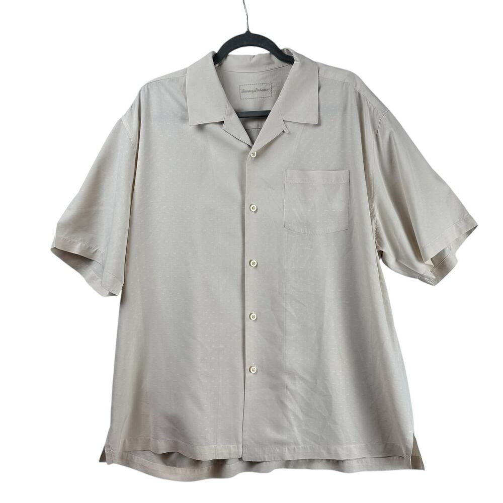 Tommy Bahama Short Sleeve Silk Button Up Size XL Cream Vacation Relaxed Resort
